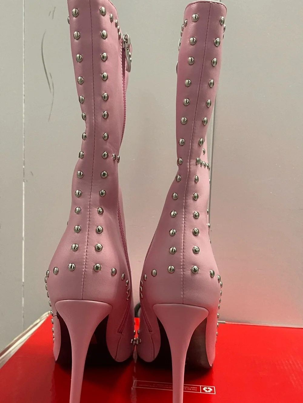 Studded Pink Pointed-Toe Stiletto Ankle Boots